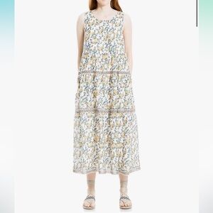 Max Studio Floral Cream Rose Branch Sleeveless Maxi Midi Tiered Dress Small